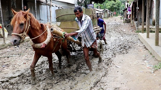 বেহাল সড়কে ঘোড়ার গাড়িই ভরসা